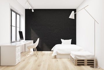 Black bedroom, computer and poster